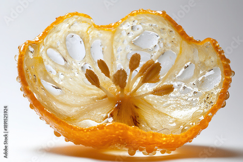 Close up of juicy orange slice showcasing its vibrant color and intricate texture, highlighting seeds and pulp. image evokes freshness