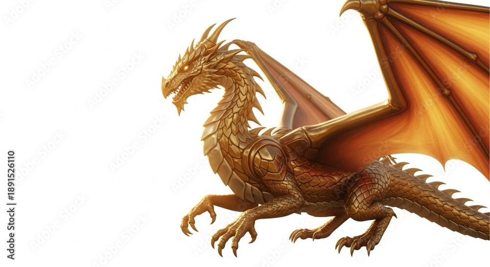 Fototapeta premium Golden light dragon emitting soft radiant glow, warm luminosity felt through the scene, smooth metallic scales, calm majestic posture, isolated on white background, luxury fantasy
