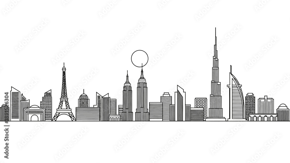 Obraz premium Global City Skyline Silhouette: Iconic Landmarks from Around the World