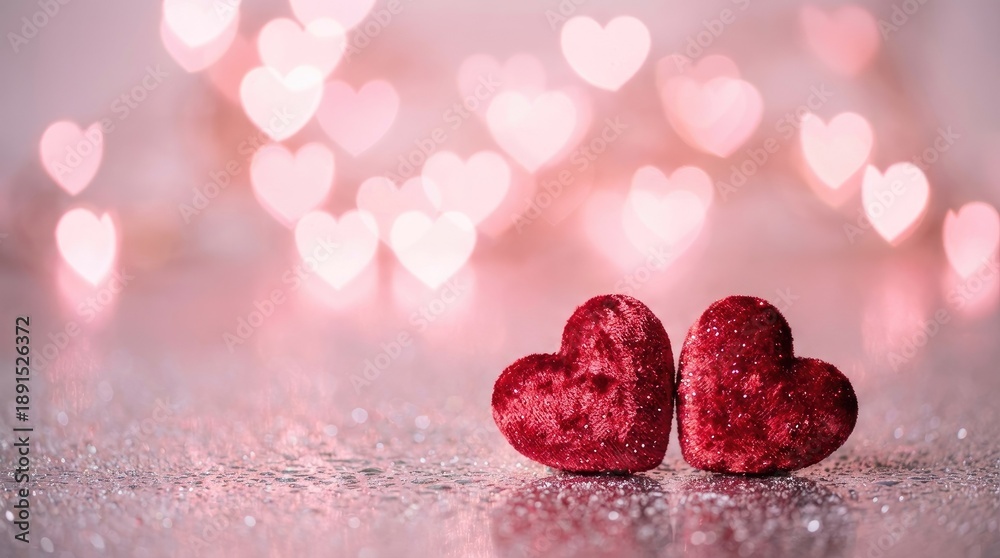 Obraz premium Two Red Velvet Hearts on Romantic Bokeh Background with Glitter and Sparkles