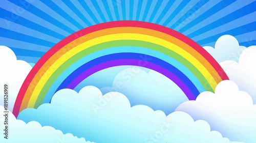 Cartoon Rainbow in Blue Sky with Clouds Background