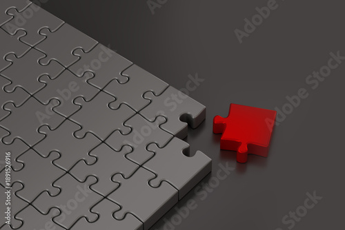 Red puzzle piece completing solution with grey parts