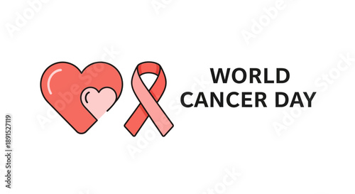 Vector illustration of World Cancer Day symbol with pink ribbon and heart on plain background, eps file format, close-up view
