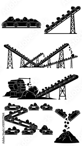 Industrial conveyor belts transporting coal, mining and heavy industry concept