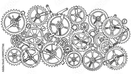 Intricate Clockwork Mechanism: Interconnected Gears and Cogs in Detailed Sketch