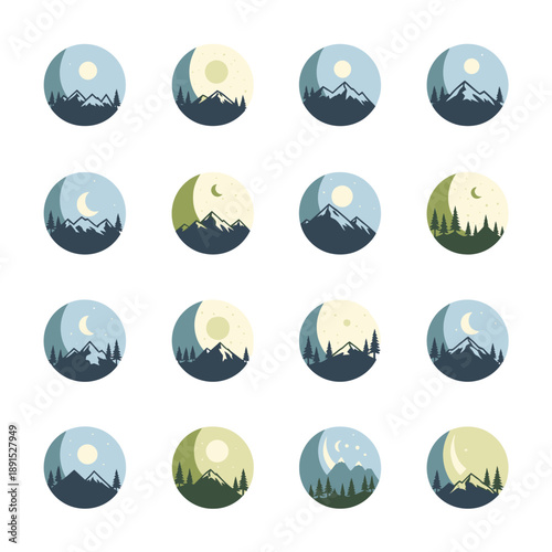 Moon Phases Illustration Set with Mountains.