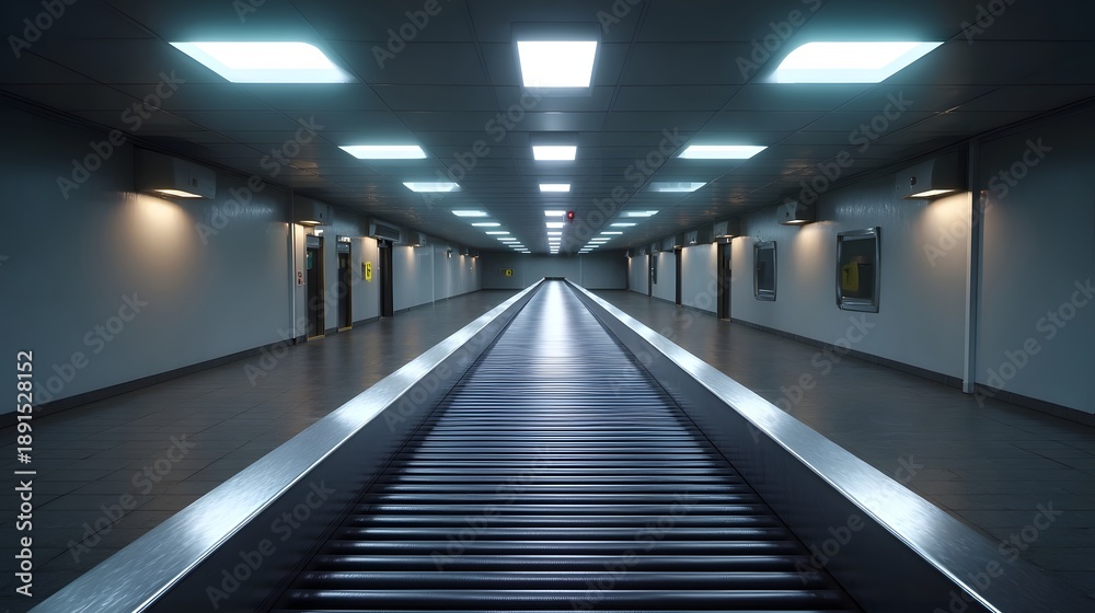 Fototapeta premium An empty long conveyor belt stretches down a modern sterile and well lit corridor with elevators