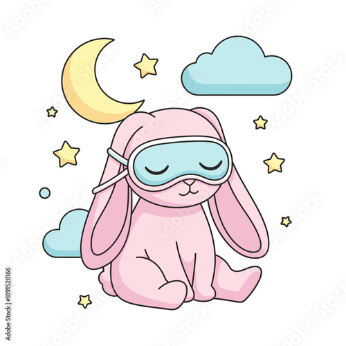 Pink Cartoon Bunny Wearing Sleeping Mask.