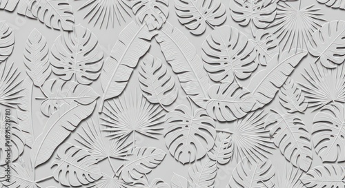 Wallpaper Mural Seamless white embossed tropical leaf pattern on light gray background Torontodigital.ca