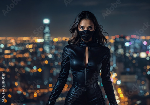 Woman wearing a black leather outfit with a deep neckline and gloves standing against a backdrop of a blurry cityscape at night with many lights