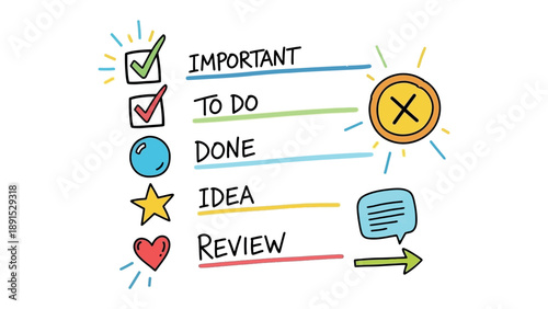 Concept of Task Management: A vibrant illustration showcasing the key elements of task management and organization, highlighting Important, To Do, Done, Idea, and Review with accompanying symbols.