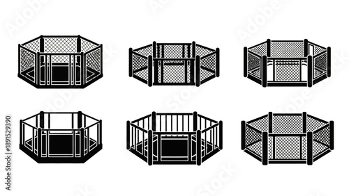 MMA Cage Icons Set: Octagon Fighting Ring Vector Graphics