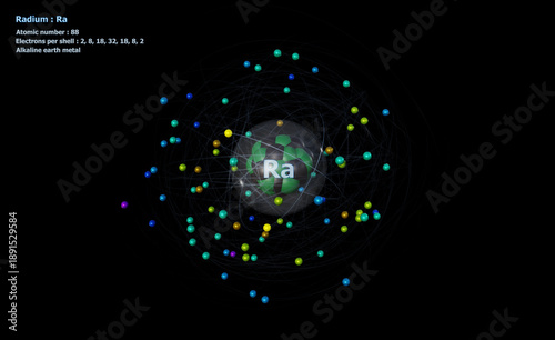 Konstfotografi Atom of Radium with Core and 88 Electrons on a black background