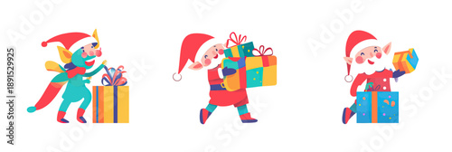 Christmas elf and Santa Claus characters holding and packing colorful holiday gift boxes flat vector illustration set with festive wrapping and ribbons