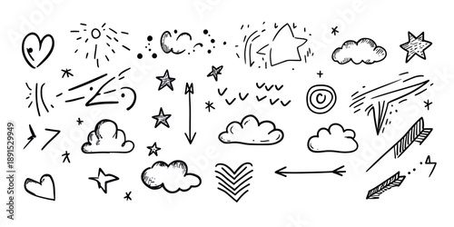 Hand drawn sketch style arrows, stars, hearts, clouds and decorative doodle elements in black ink on white background, vector illustration set for creative design and decoration