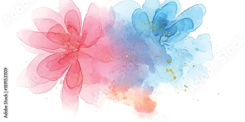 Soft watercolor flowers in pink and blue with delicate gold accents on a white background