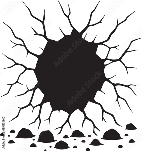 Dramatic cracked hole in wall with sharp edges and debris silhouette vector