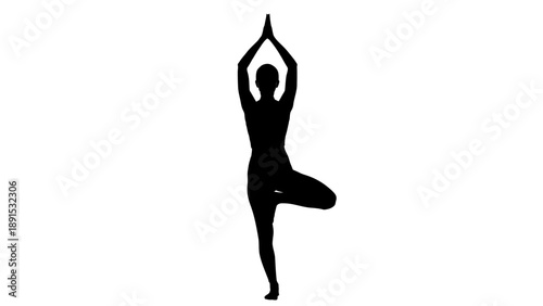 Silhouette of a woman in tree yoga pose on white background.