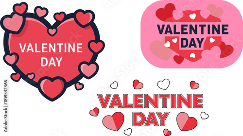 Collection of three distinct stylized graphic emblems featuring romantic typography celebrating the annual holiday of valentine day on transparent background