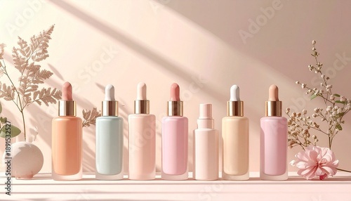 Pastel dropper bottles with gold collars on pink background showcasing skincare and cosmetic packaging design