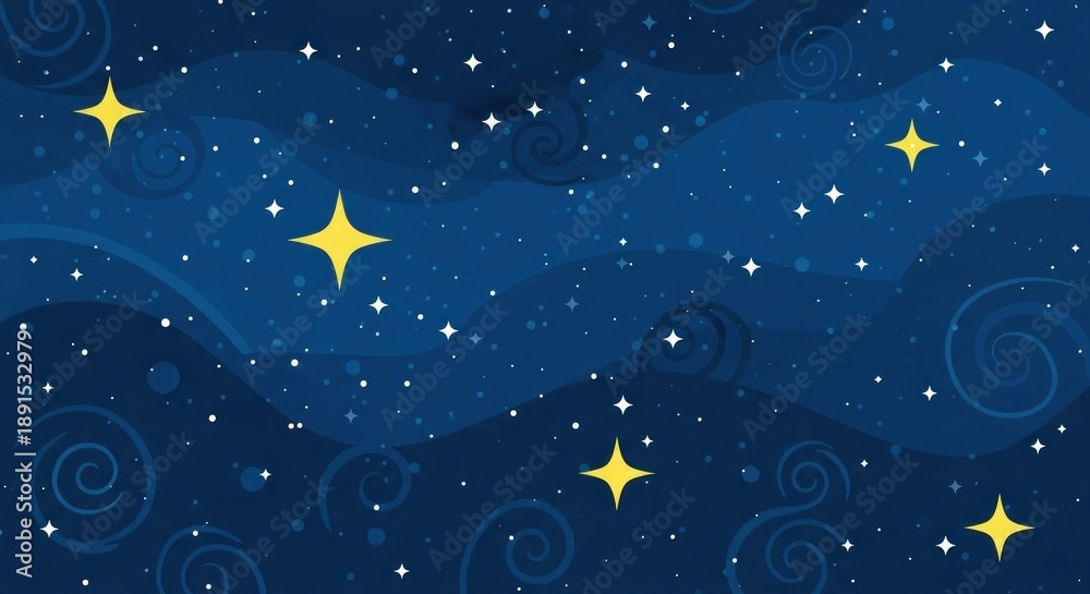 Fototapeta premium Stylized blue night sky with stars and swirl patterns