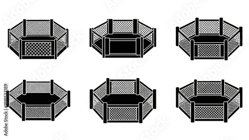 Octagon MMA Fighting Cage Icons Set, Black and White Vector Illustration