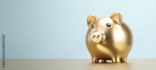 The golden piggy bank standing on a minimalist surface representing savings and prosperity