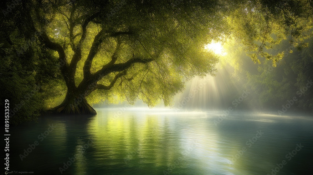 Fototapeta premium Ethereal Sun Rays Illuminate Ancient Tree and Misty Water in a Tranquil Forest