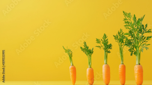 Fresh carrots lined up against vibrant yellow background, showcasing their bright orange color and green tops, creating cheerful and lively
