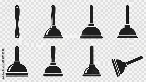 Plunger Icons Set: Various Types and Angles for Cleaning and Plumbing Services