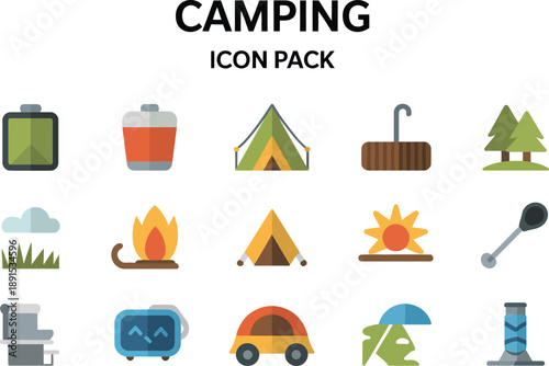 A collection of colorful camping icons for outdoor enthusiasts and travel websites.