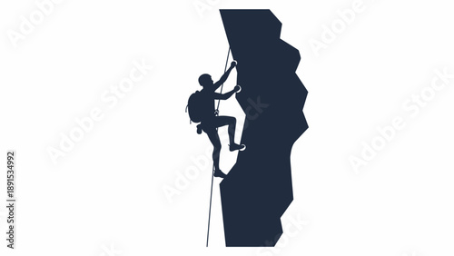 Silhouette of a rock climber ascending a steep cliff face.