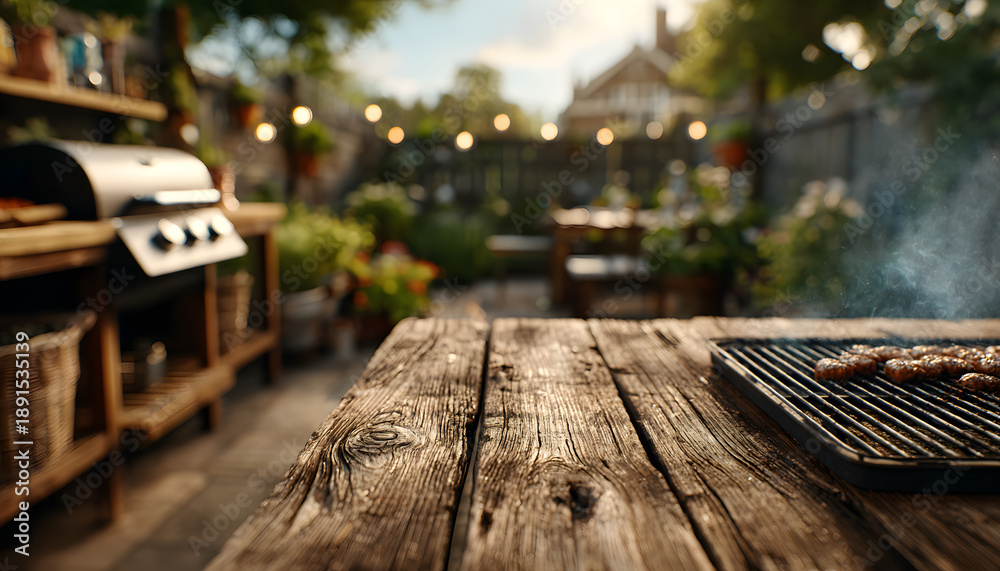 Fototapeta premium blurred background of a backyard garden with grill BBQ, wooden table on foreground