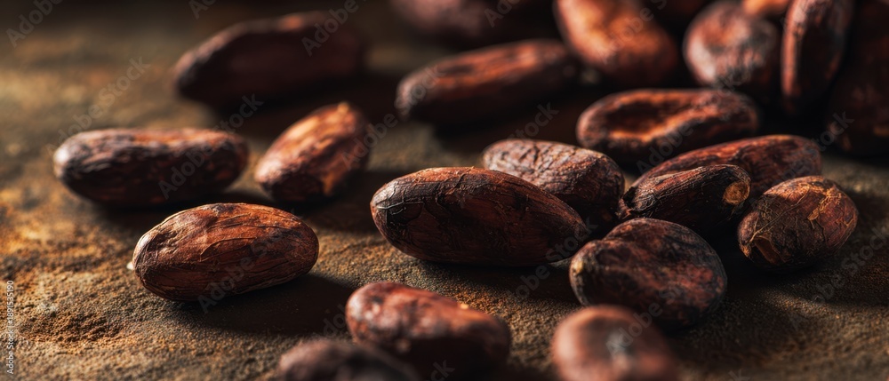 Fototapeta premium The Cocoa Beans Close-Up on Rustic Surface with Rich Texture and Warm Lighting