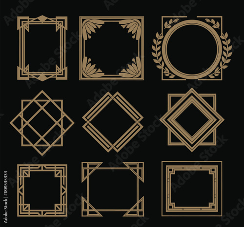 Art deco frames in golden color, featuring vintage 1920s design elements, perfect for elegant invitations, posters, branding, and luxury design projects on black backgrounds.