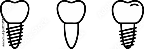 Dental Implant Comparison Set: Icons illustrating a natural tooth, a root canal treated tooth, and a modern dental implant screw structure for oral surgery concept