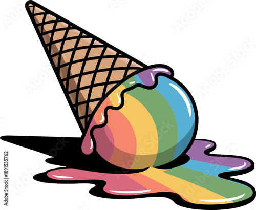 Melting Rainbow Ice Cream Cone Falling Down: Colorful pride dessert dripping and splashing on a dark surface, representing summer fun, LGBTQ+ pride, or sweet indulgence failure