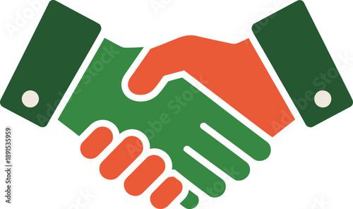 Simple Vector Illustration of Two Business People Shaking Hands in Green and Orange Colors Representing Partnership, Agreement, and Successful Deal Making in Corporate Environment