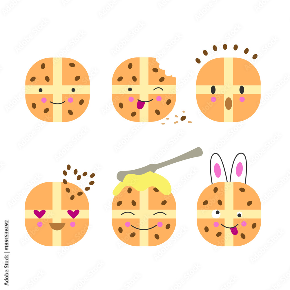 Obraz premium Set of Easter hot cross bun emoji. Cute baked bread with different emotions for seasonal messages, stickers, social media, greetings.