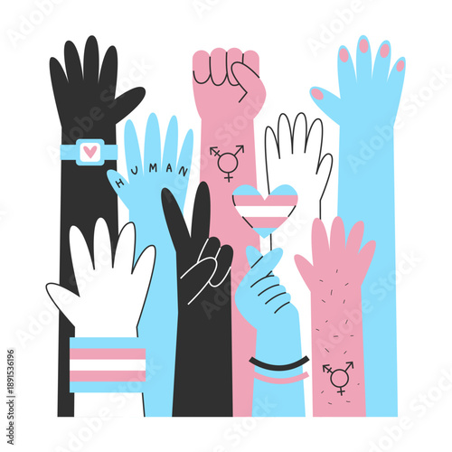 Diverse raised hands, featuring transgender symbols and flag colors. Concept of trans pride, diversity, unity, support and community.