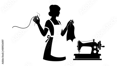 Silhouette of a Seamstress with Sewing Machine and Needle.
