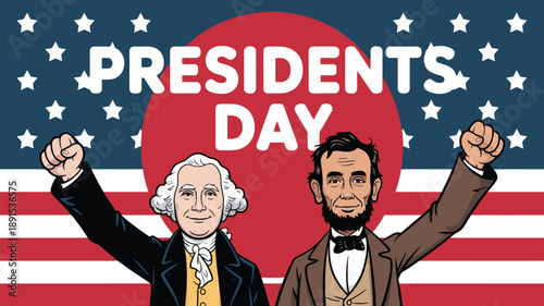 Presidents Day illustration with George Washington and Abraham Lincoln celebrating national holiday with usa flag background