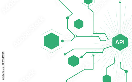 A green vector graphic illustration of an API network connection diagram with hexagonal nodes and lines