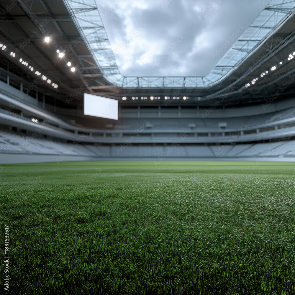 Fototapeta premium Modern stadium green grass empty seat large LED screen open roof architecture sports venue cloudy sky