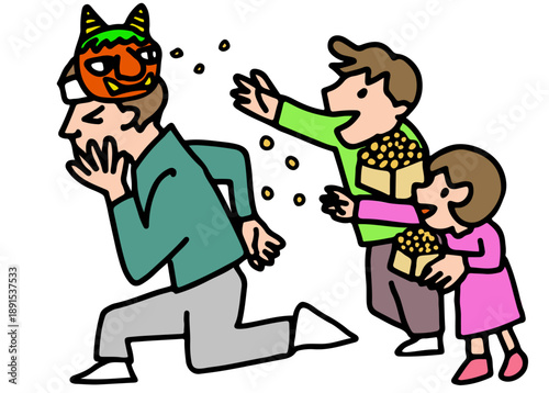 豆まきをする家族のイラスト/Illustration of a bean-throwing family