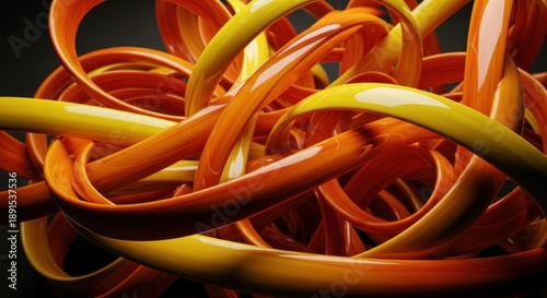 Vibrant abstract intertwining orange and yellow glossy tubes