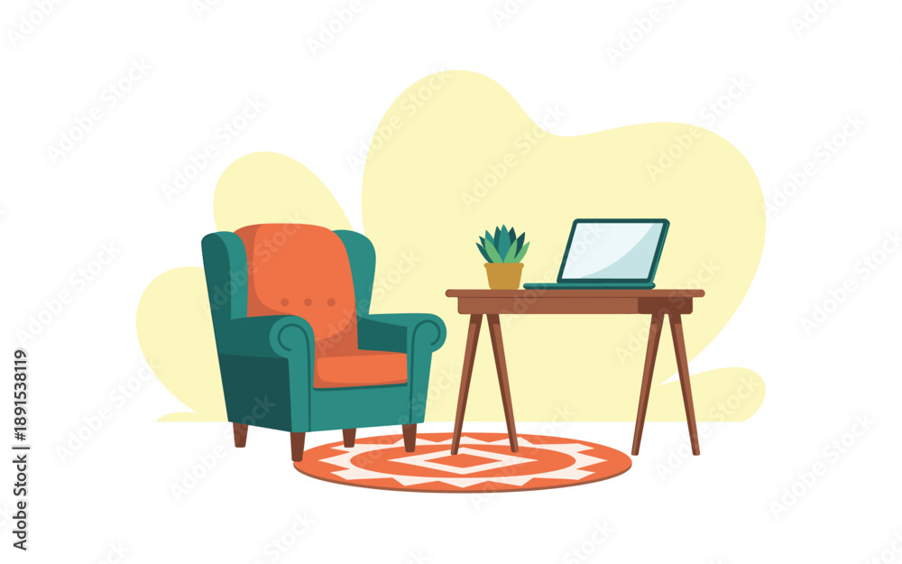 Fototapeta premium A minimalist vector illustration of a cozy home office setup with a green armchair, wooden desk, and laptop