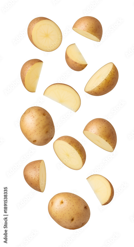 Fototapeta premium Potato PNG. Potatoes falling down isolated. Organic potato vegetable top view flat lay PNG. Fresh raw organic starch food levitation concept isolated. Potato slices and wedges PNG