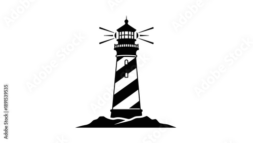 Striking Lighthouse Silhouette with Beams on Coastal Rock Formation.