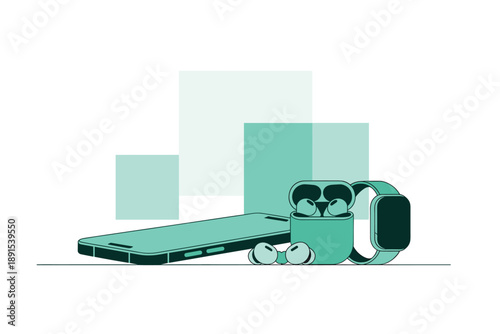 A minimalist vector graphic illustration of a smartphone, earbuds, and smartwatch in a modern design